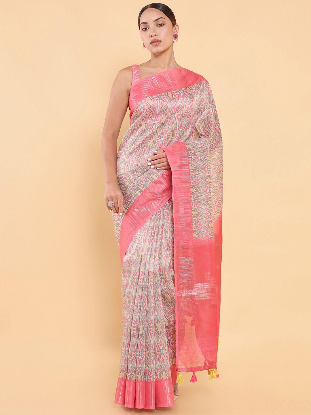 soch pink & silver-toned zari organza printed saree