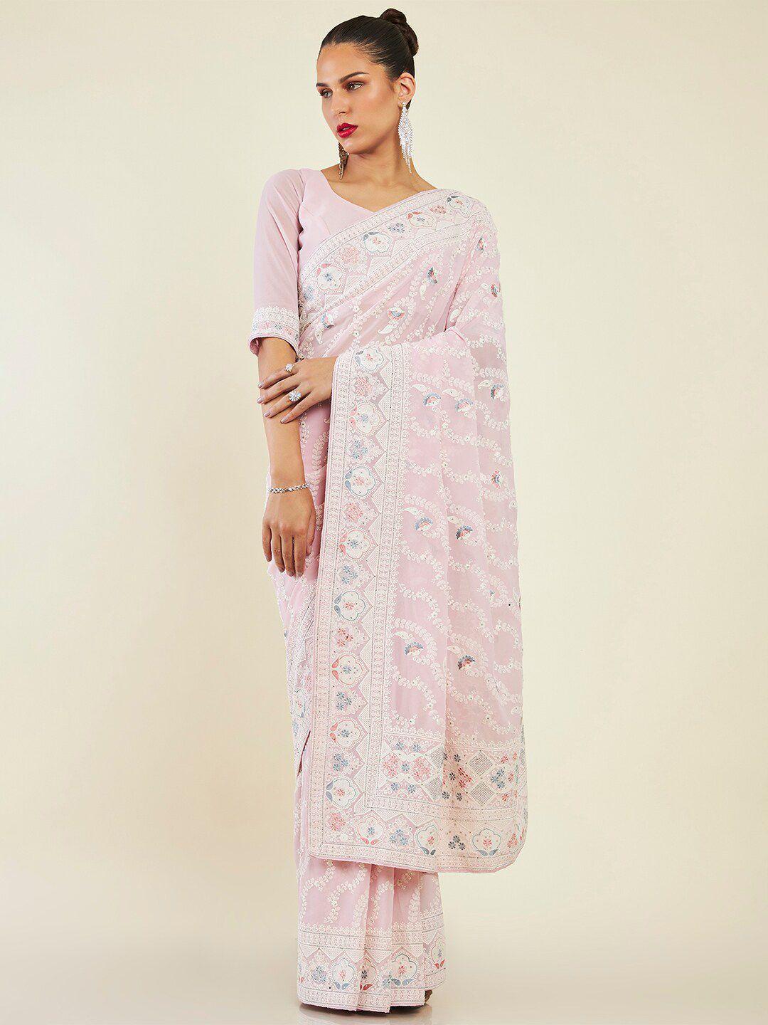 soch pink & white floral embroidered pure georgette saree