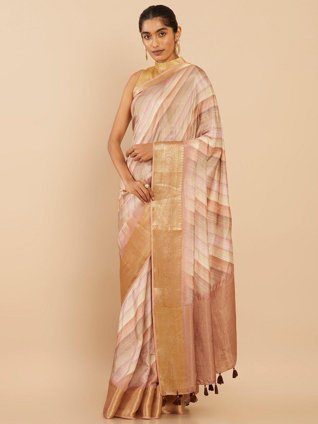 soch pink & white striped art silk saree