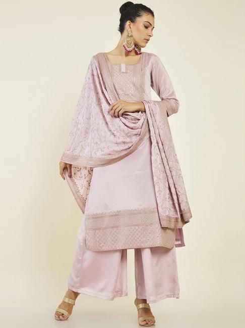 soch pink cotton embroidered kurta palazzo set with dupatta