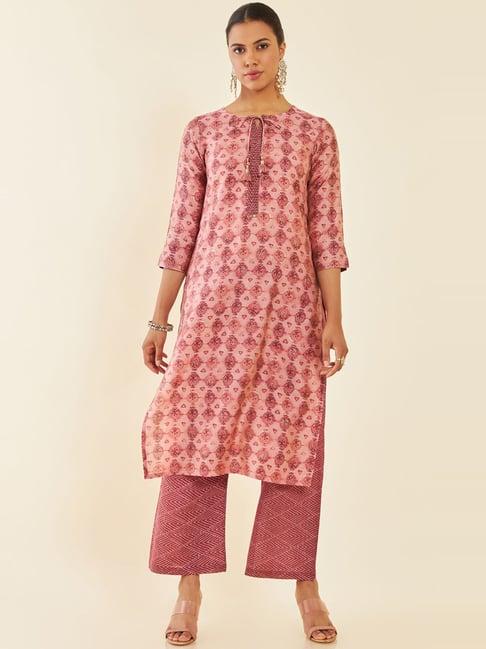 soch pink cotton printed kurta palazzo set