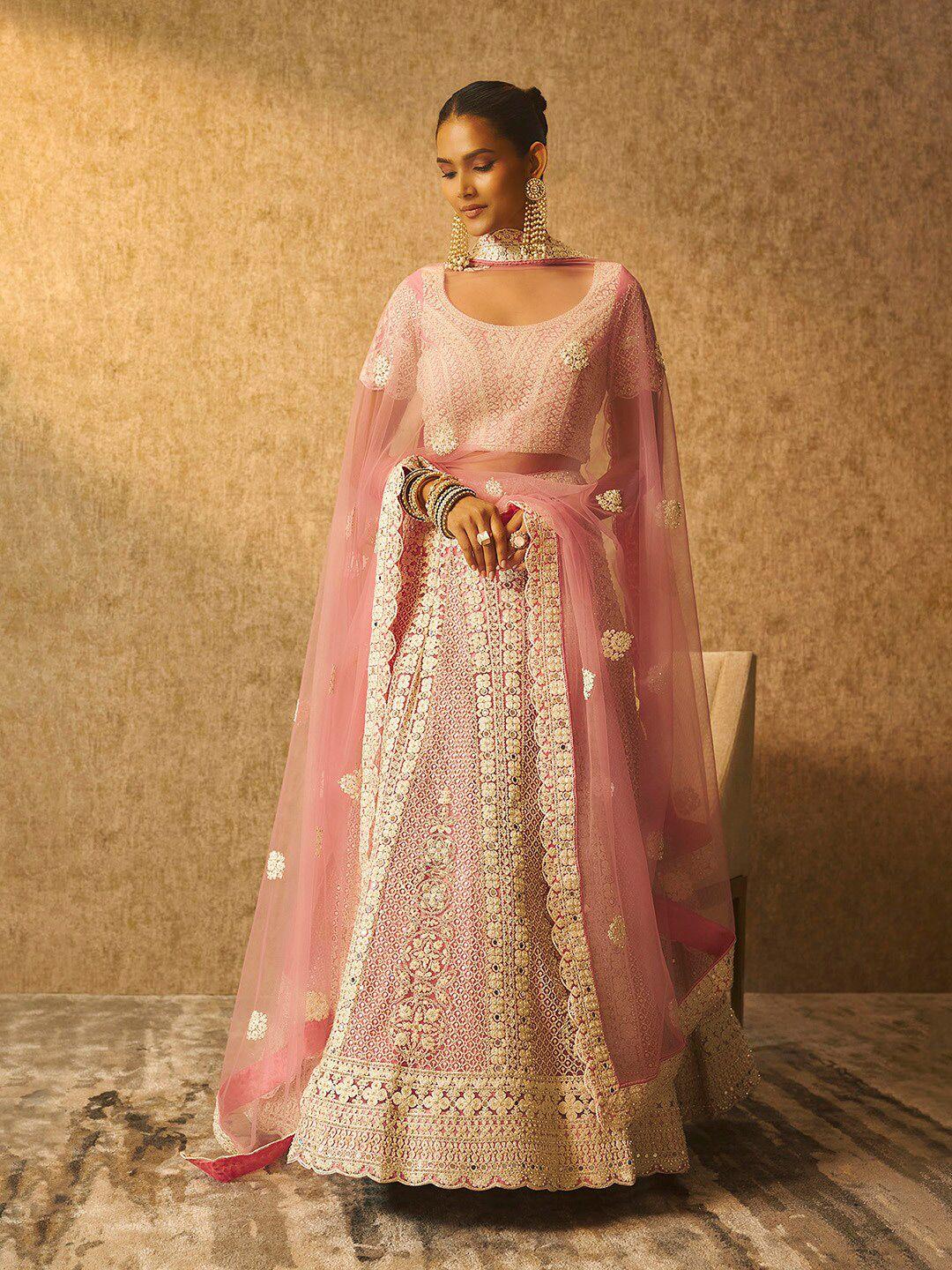 soch pink embellished beads and stones unstitched net lehenga & blouse with dupatta