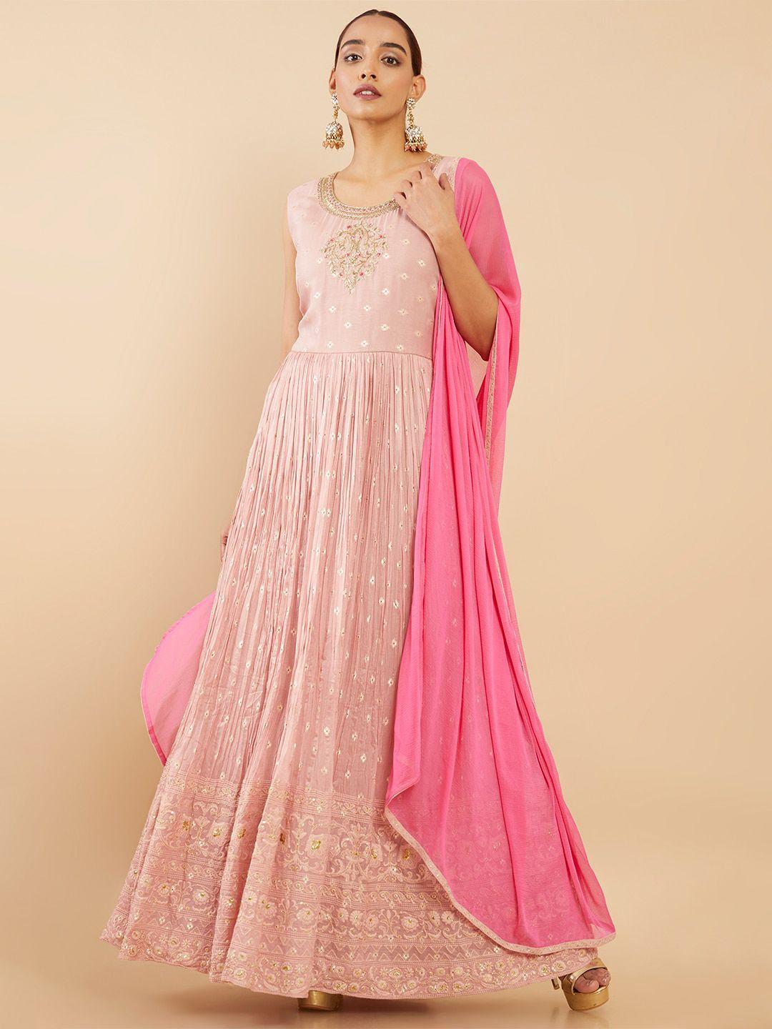 soch pink embellished georgette ethnic maxi dress with pant & dupatta