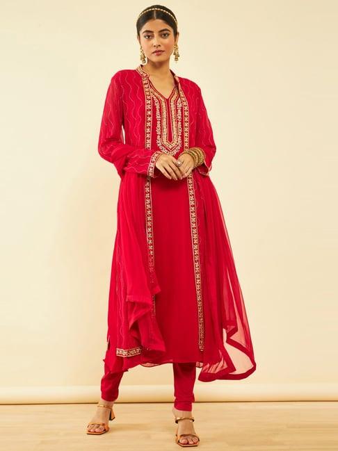 soch pink embellished kurta churidar set with dupatta