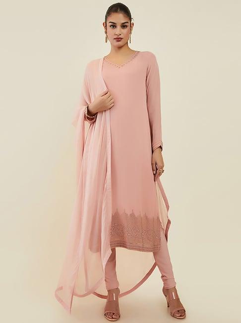 soch pink embellished kurta churidar set with dupatta