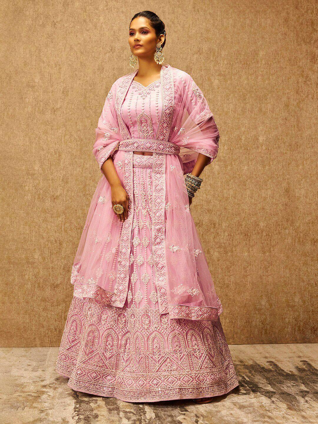 soch pink embellished sequinned unstitched lehenga & blouse with dupatta