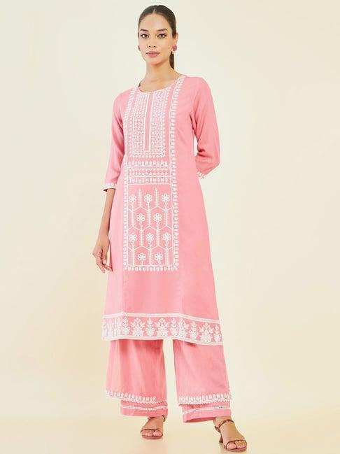 soch pink embroidered kurta & palazzo set