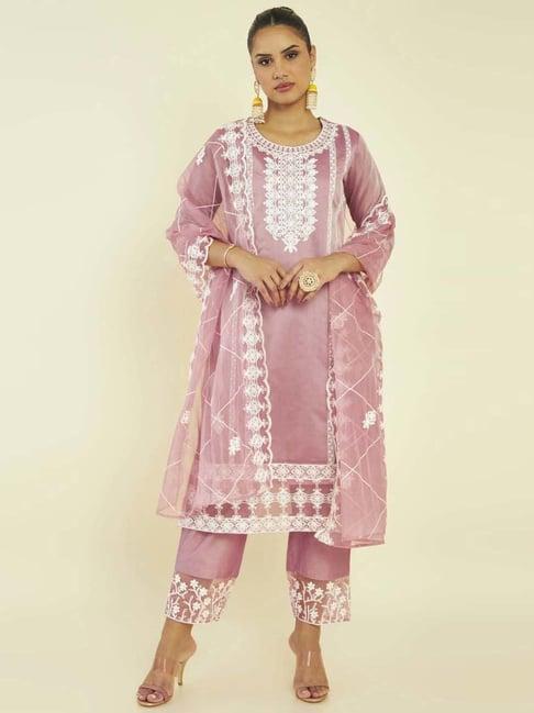 soch pink embroidered kurta & pant set with dupatta