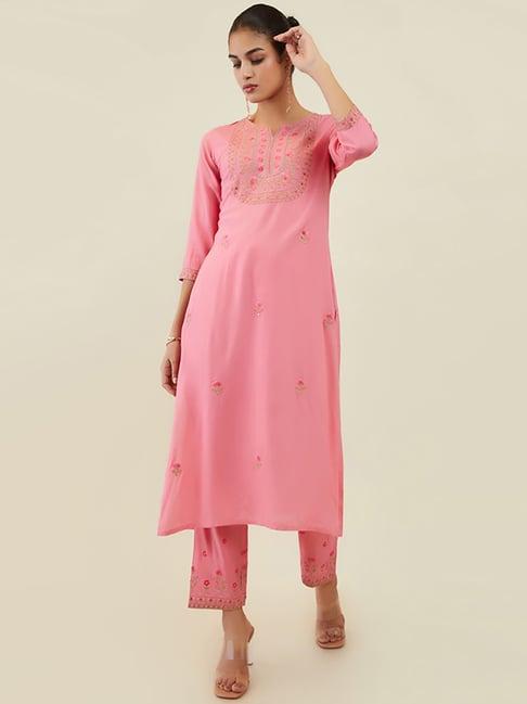 soch pink embroidered kurta pant set