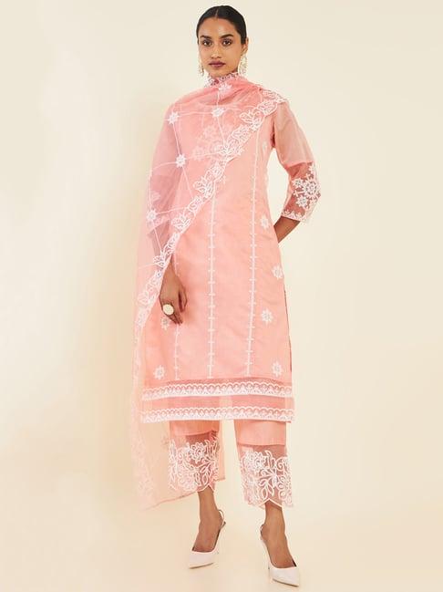 soch pink embroidered kurta with pant & dupatta