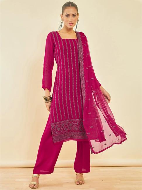 soch pink embroidered unstitched dress material