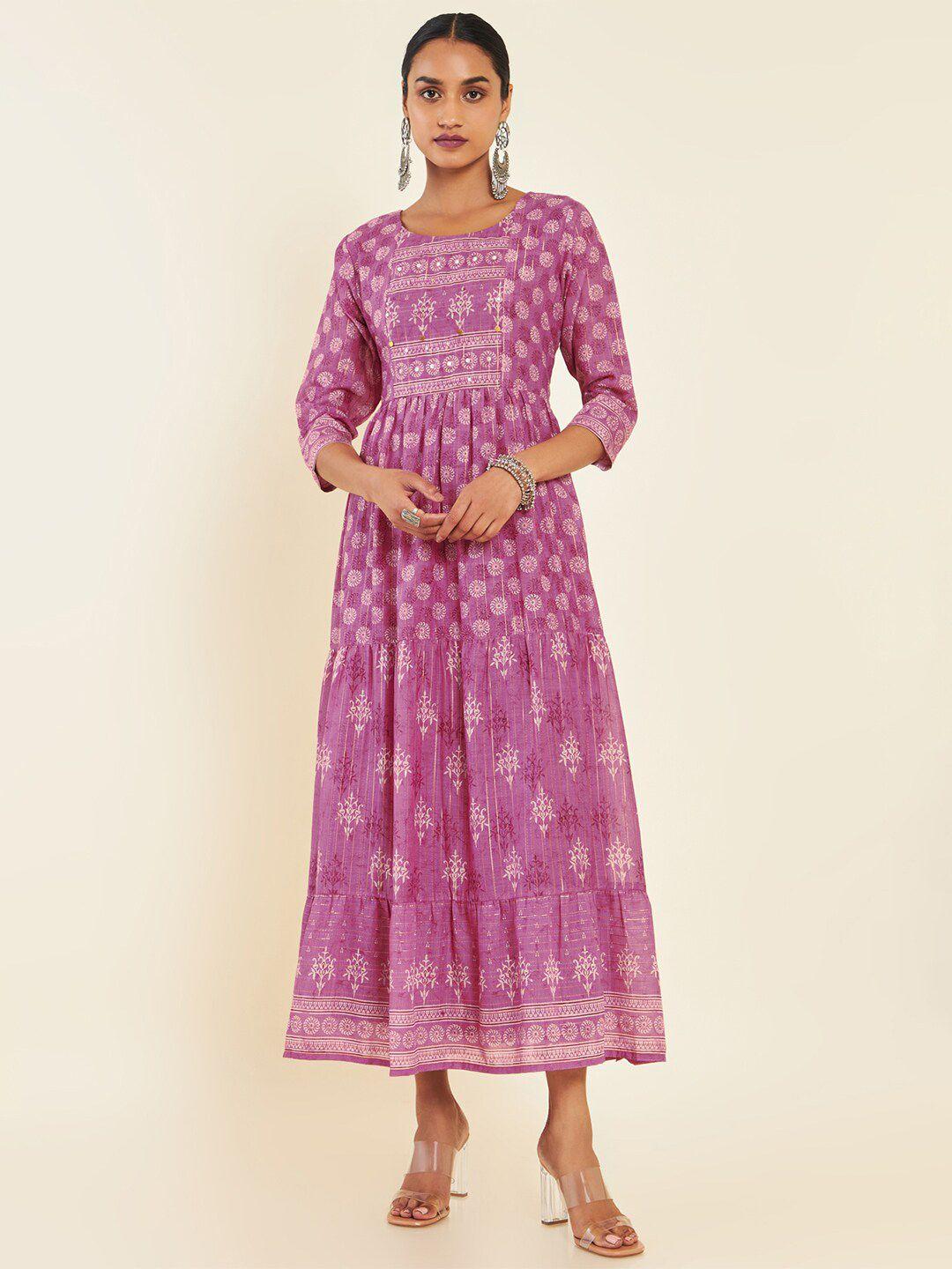 soch pink ethnic motifs printed modal fit & flare midi dress