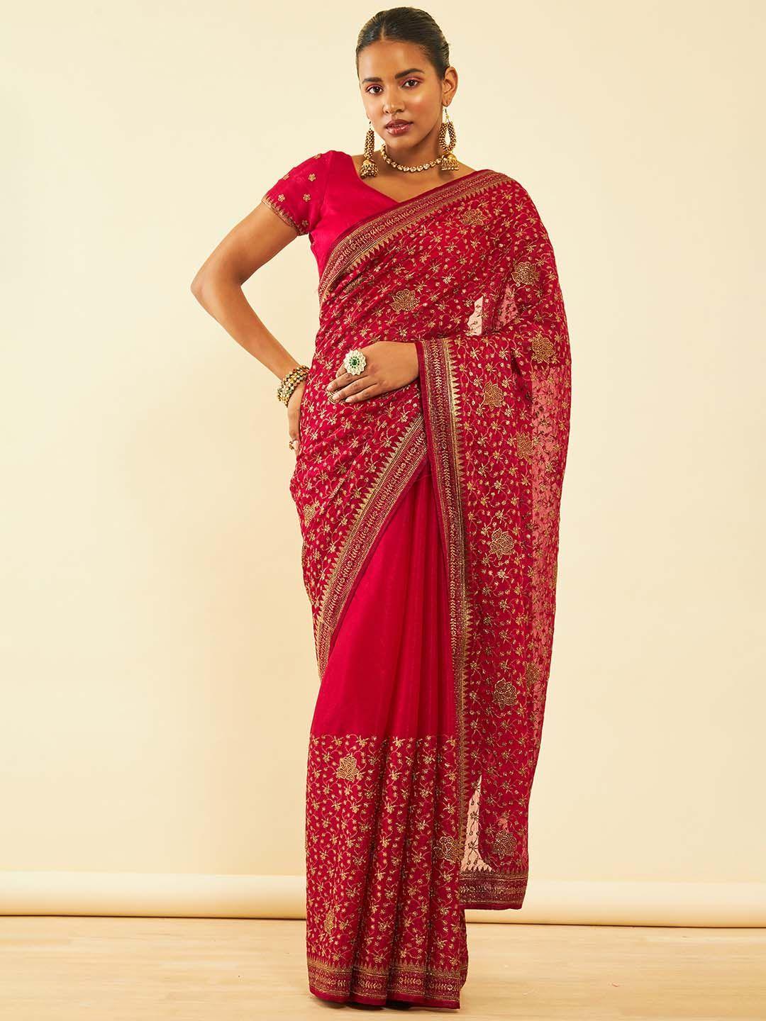 soch pink floral embroidered zari pure chiffon saree