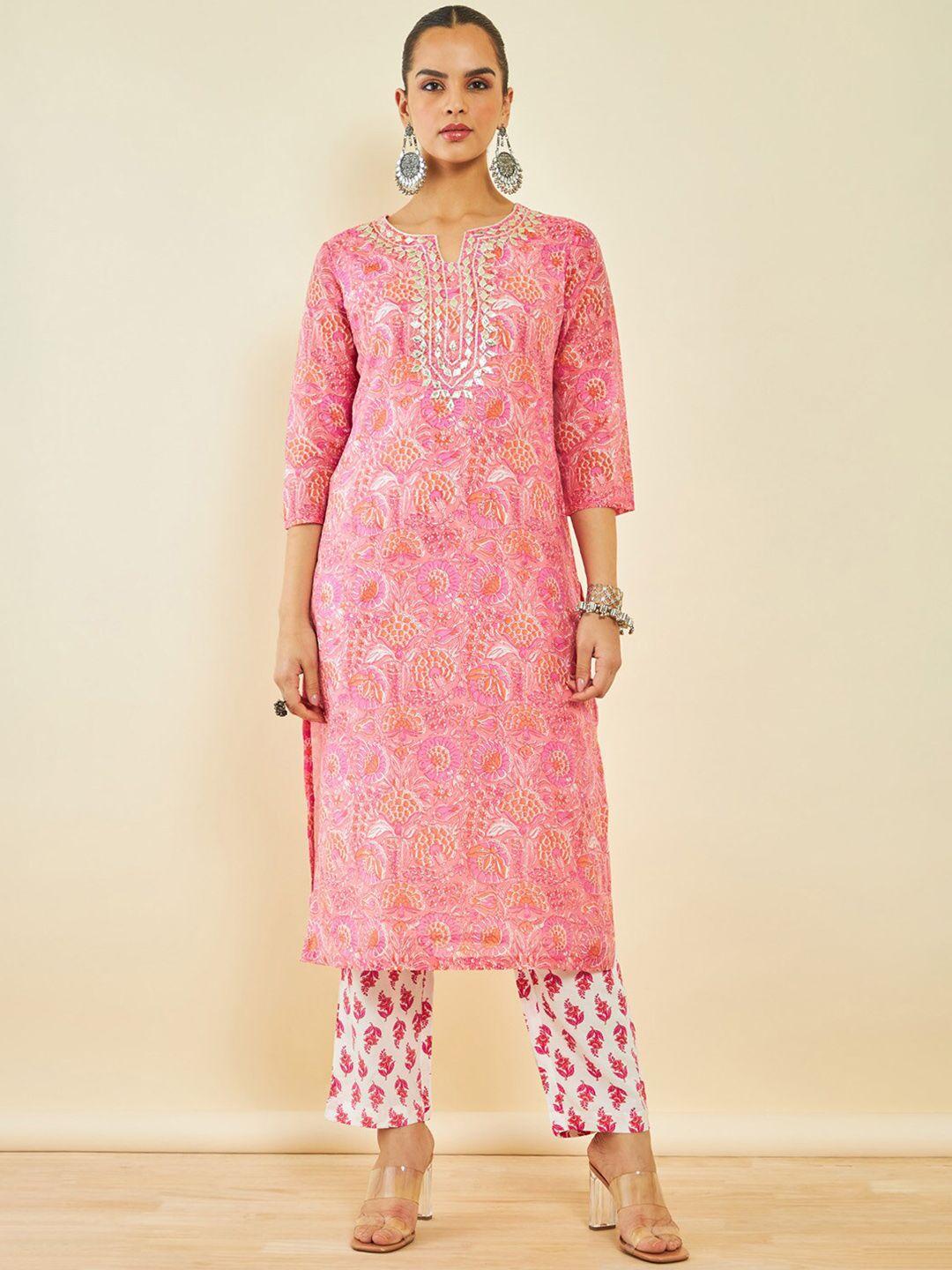 soch pink floral printed gotta patti chanderi silk straight kurta & trousers with dupatta