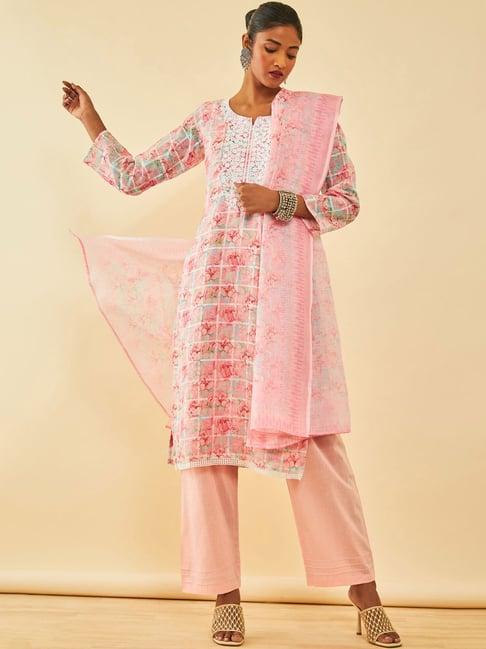 soch pink linen floral printed unstitch dress material with thread work
