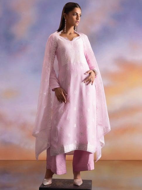 soch pink organza embroidered unstitched dress material with zari details