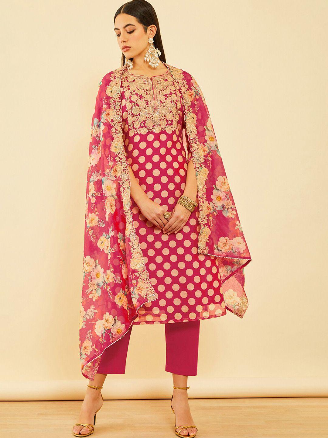 soch pink polka dot printed sequinned chanderi silk kurta with trousers & dupatta