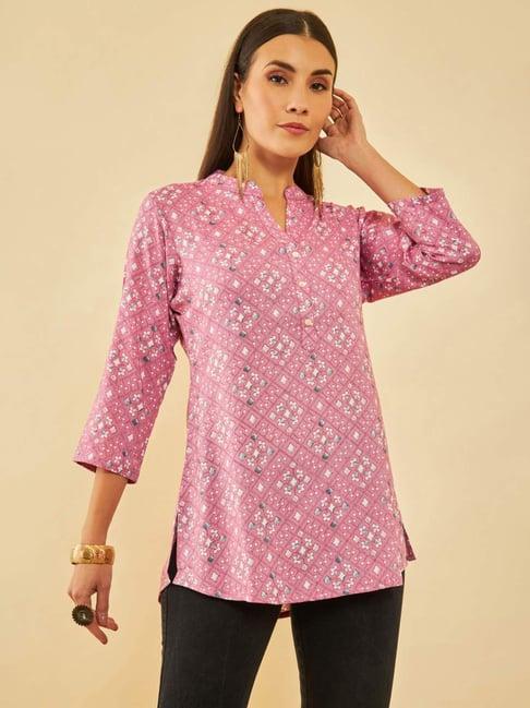 soch pink rayon geometric printed mandarin collar tunic