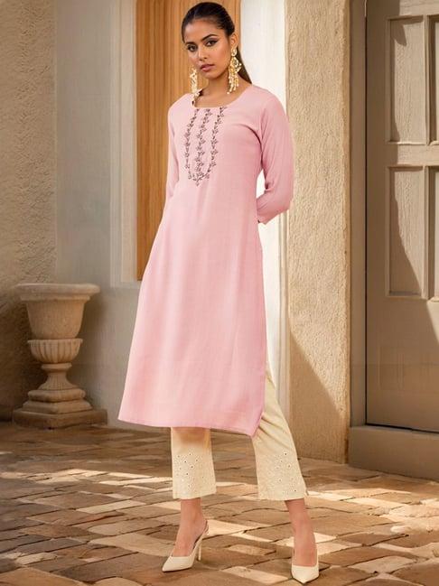 soch pink viscose kurta with beads and stones