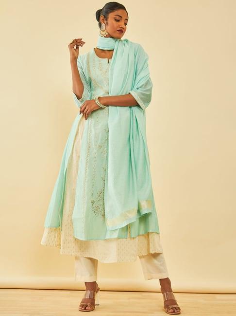 soch powder blue chanderi floral embroidered suit set with zari