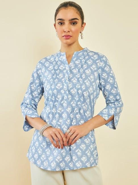 soch powder blue cotton floral print tunic