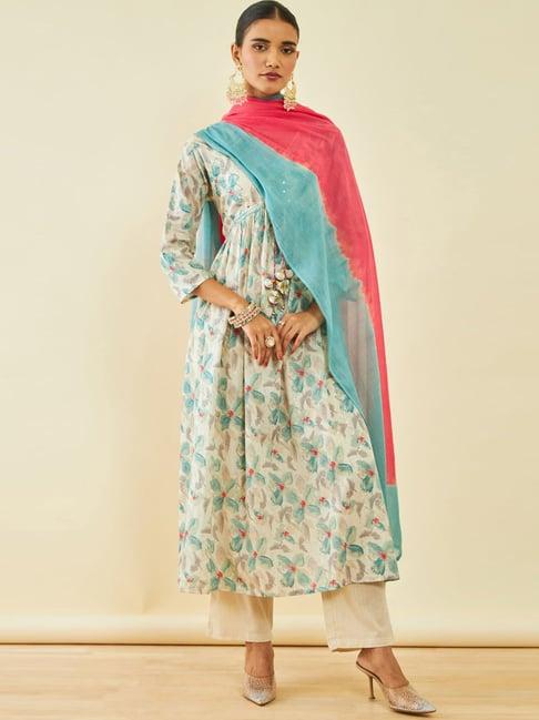 soch powder blue cotton floral print v-neck alia cut suit set with dupatta