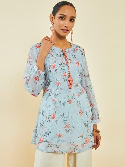 soch powder blue georgette floral print a-line tunic with pintucks