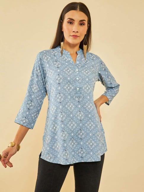 soch powder blue rayon geometric printed mandarin collar tunic