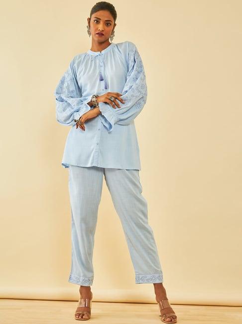 soch powder blue rayon slub mandarin collar co-ord set with thread work