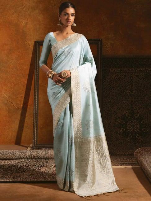 soch powder blue woven saree with unstitched blouse