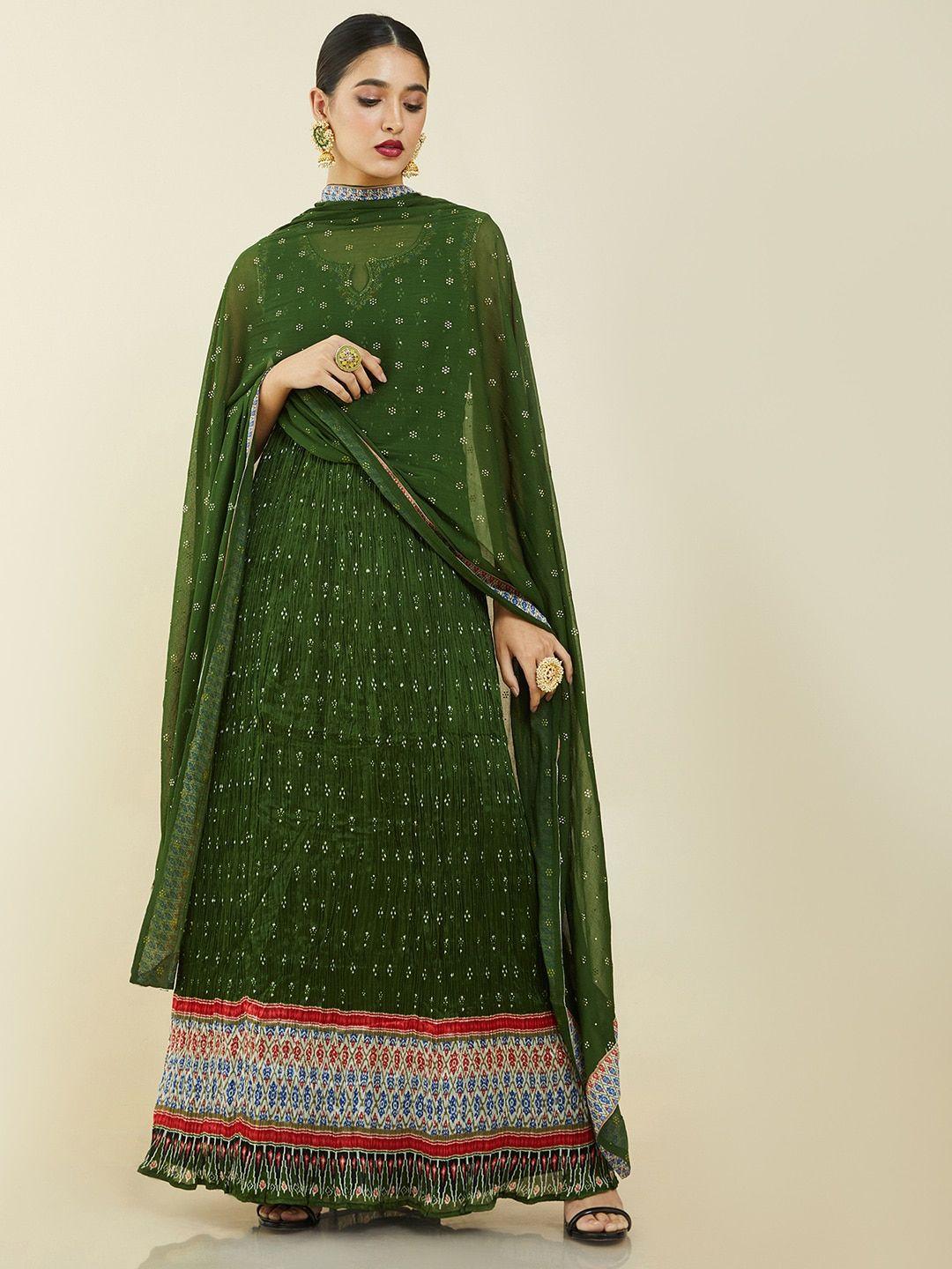 soch printed empire notch neck pure cotton ethnic dress with dupatta