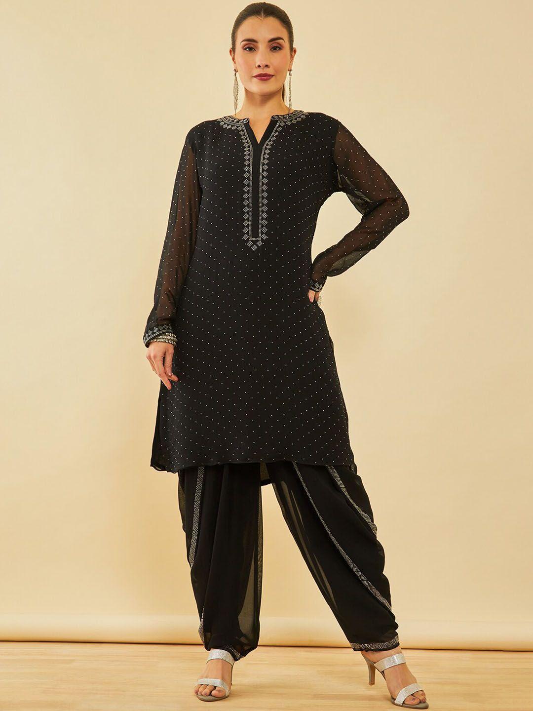 soch printed regular beads and stones kurta with dhoti pant & dupatta