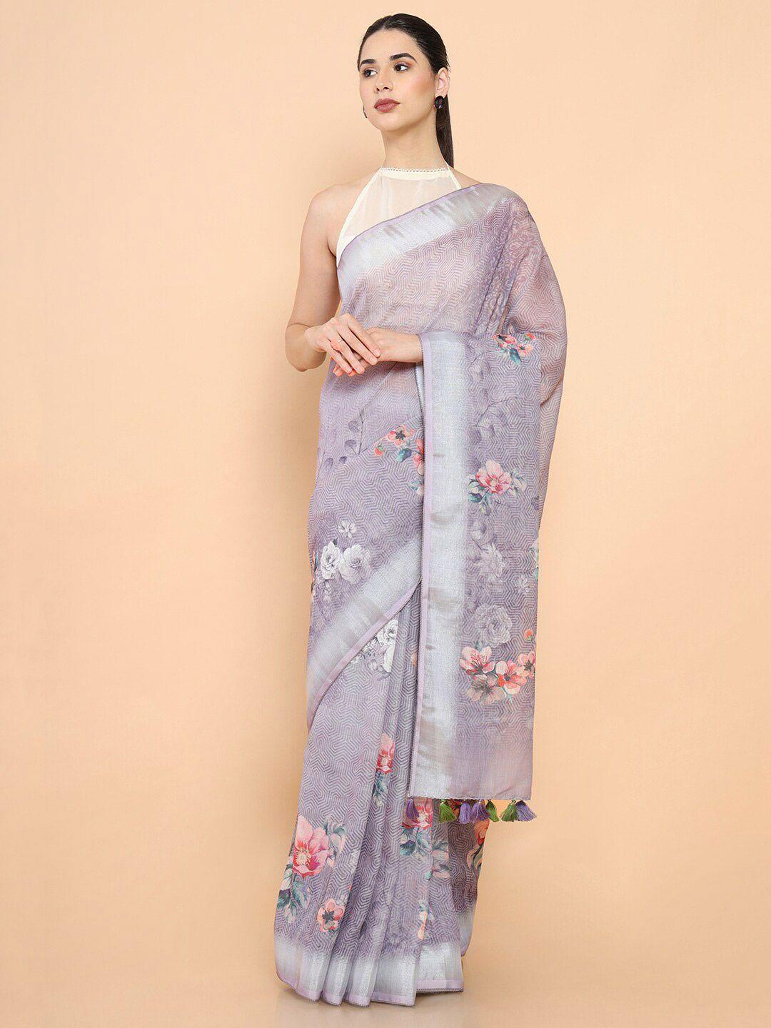 soch purple & pink floral pure linen saree