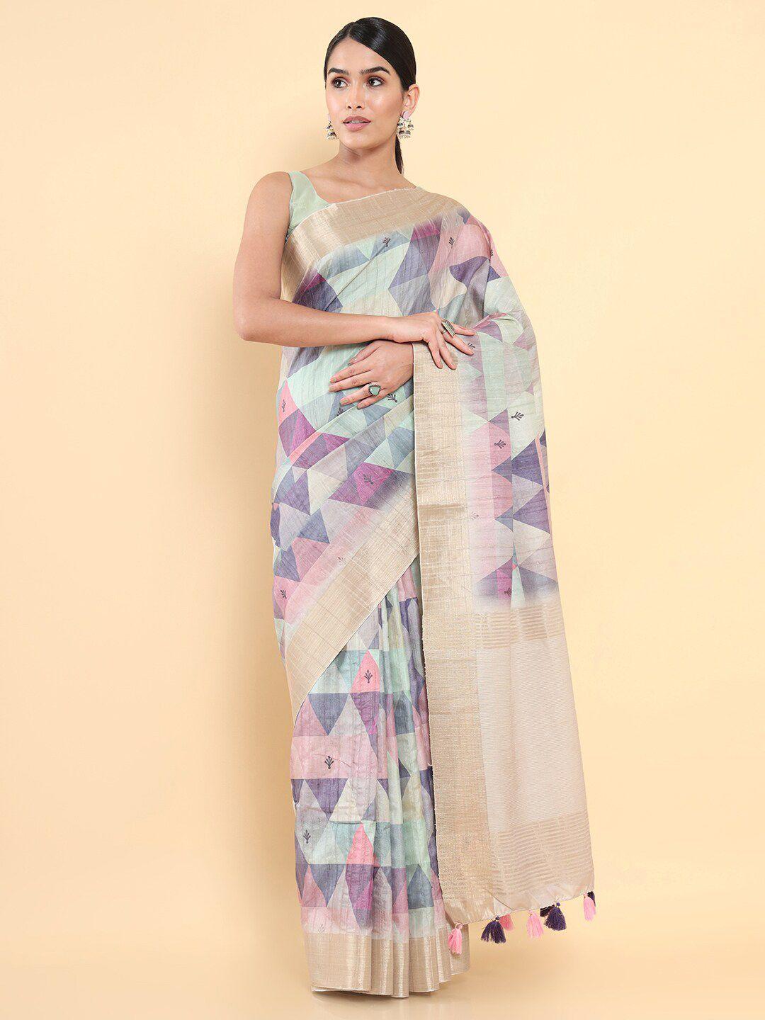 soch purple & pink woven design zari pure silk tussar saree