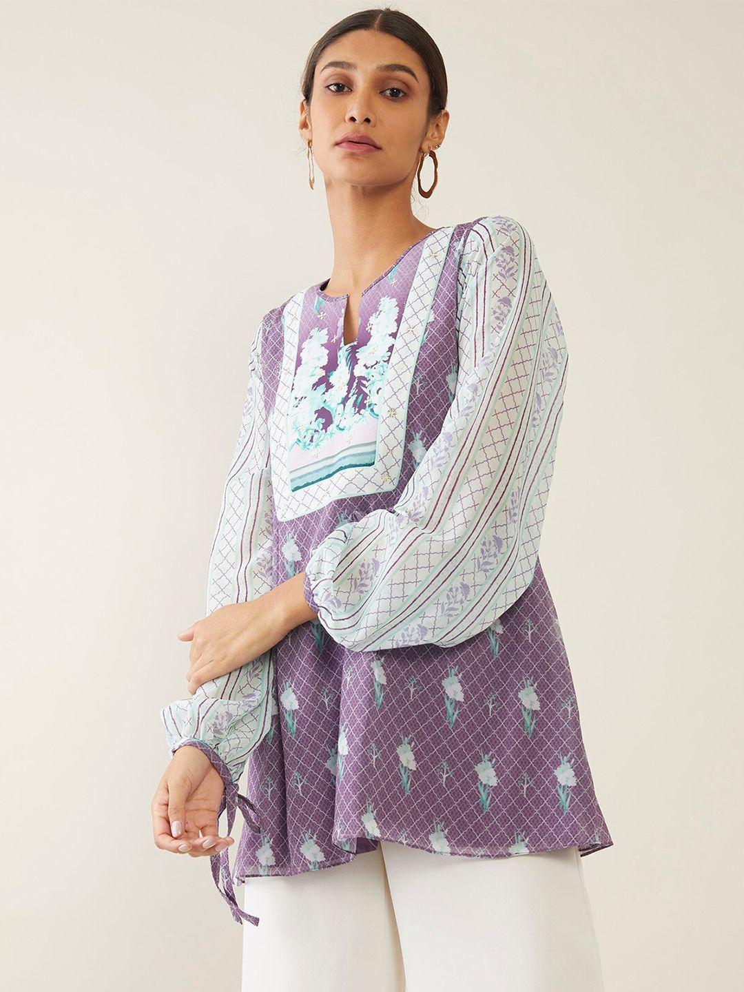 soch purple & white georgette floral printed tunic