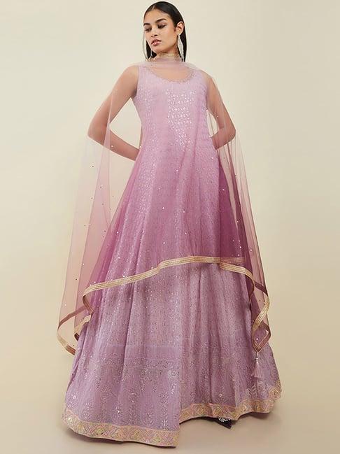soch purple embellished gown churidar set with dupatta