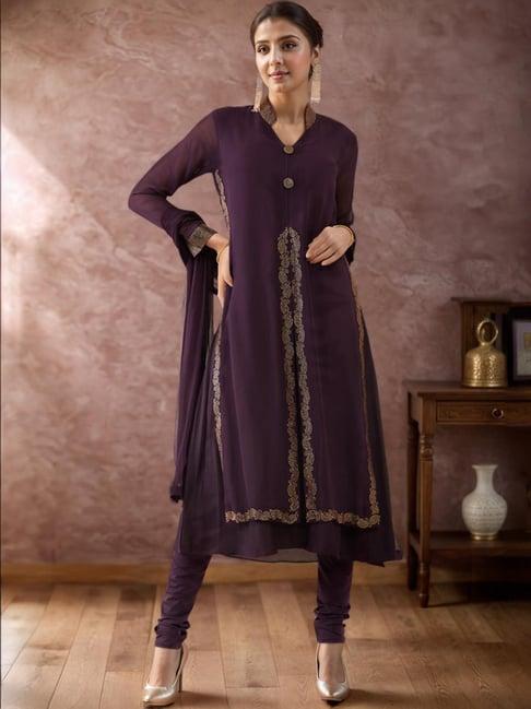 soch purple embellished kurta leggings set with dupatta