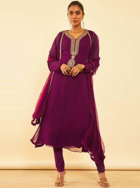 soch purple embroidered kurta churidar set with dupatta & jacket