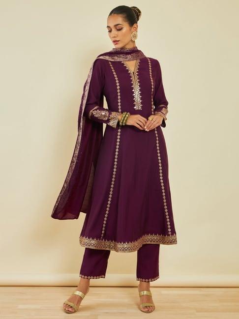 soch purple embroidered kurta pant set with dupatta