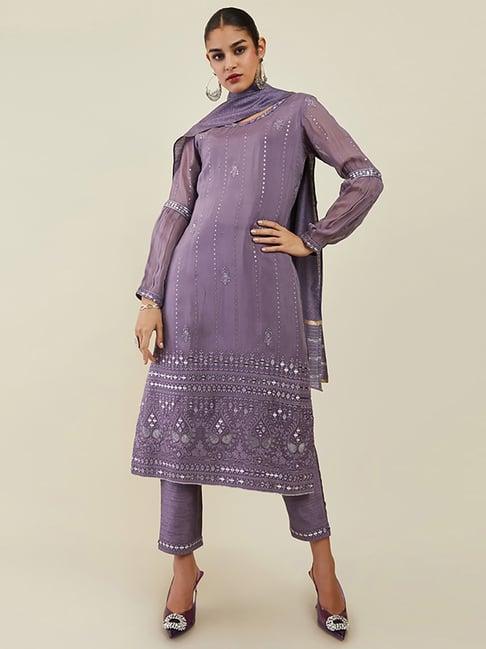 soch purple embroidered kurta pant set with dupatta