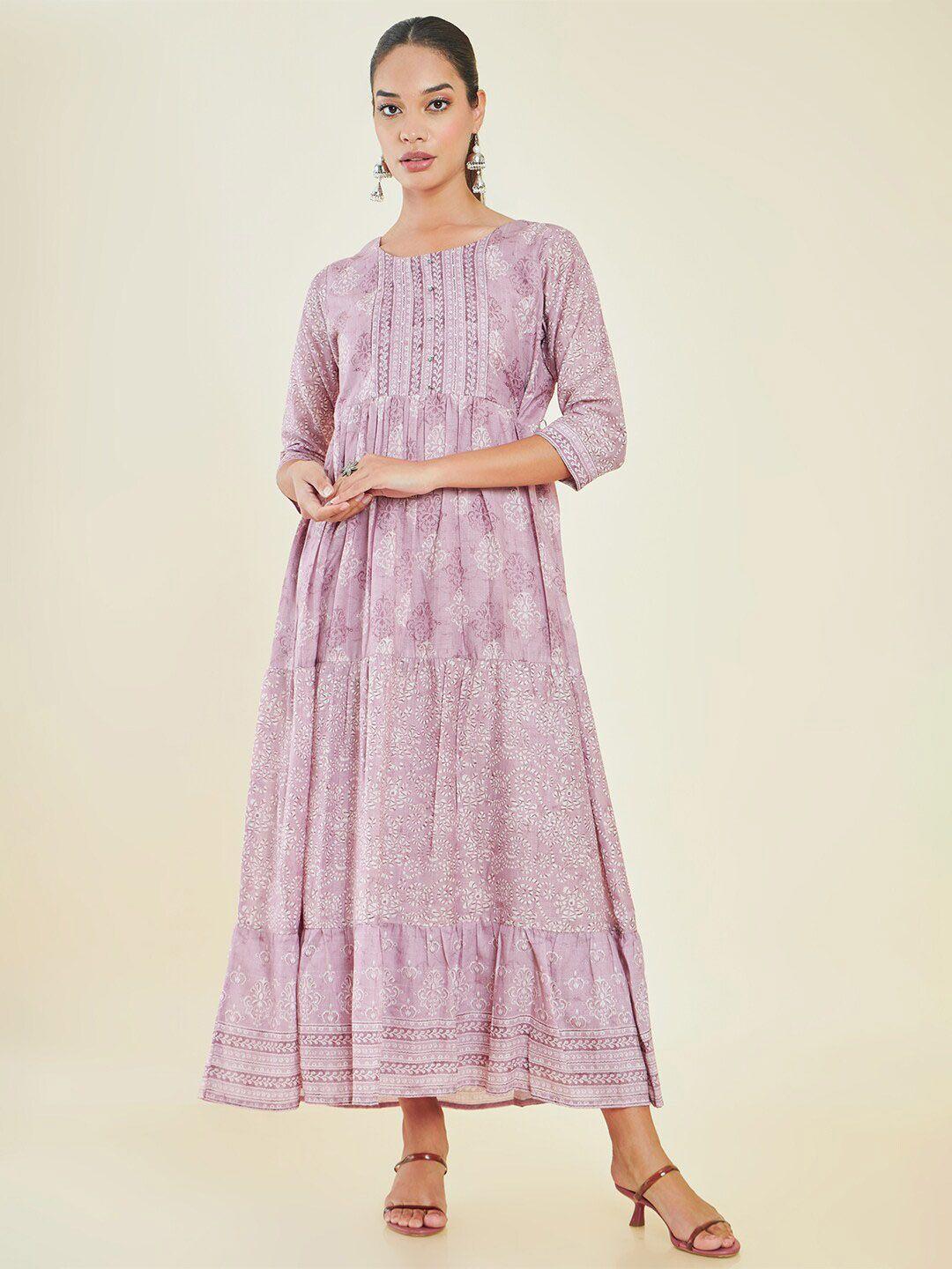 soch purple ethnic motifs printed fit & flare maxi ethnic dress