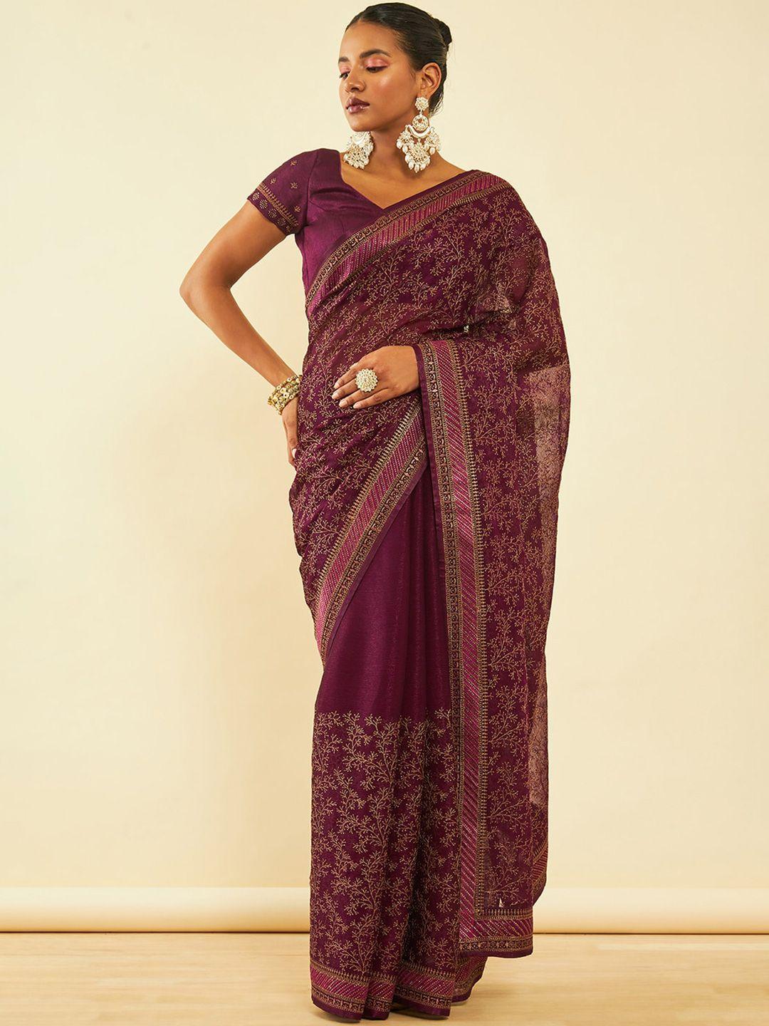 soch purple floral embroidered zari pure chiffon fusion saree
