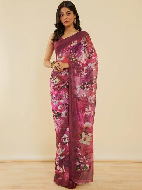 soch purple floral print saree with unstitched blouse