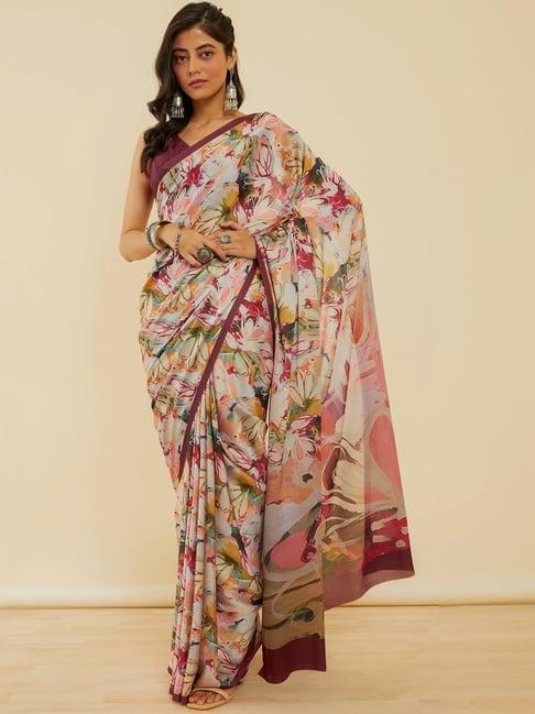 soch purple floral print saree with unstitched blouse