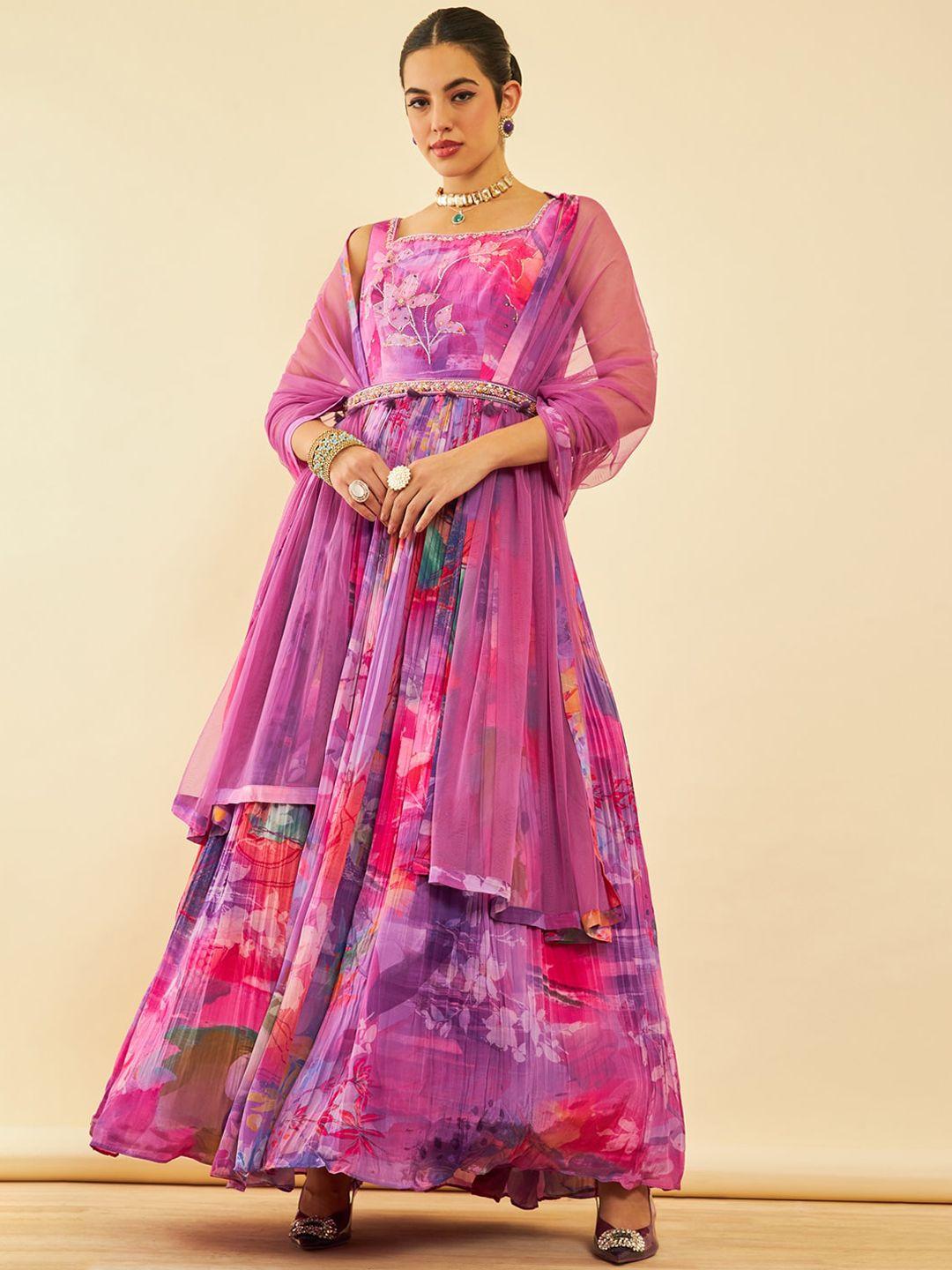 soch purple floral printed cotton ethnic dress with dupatta and belt