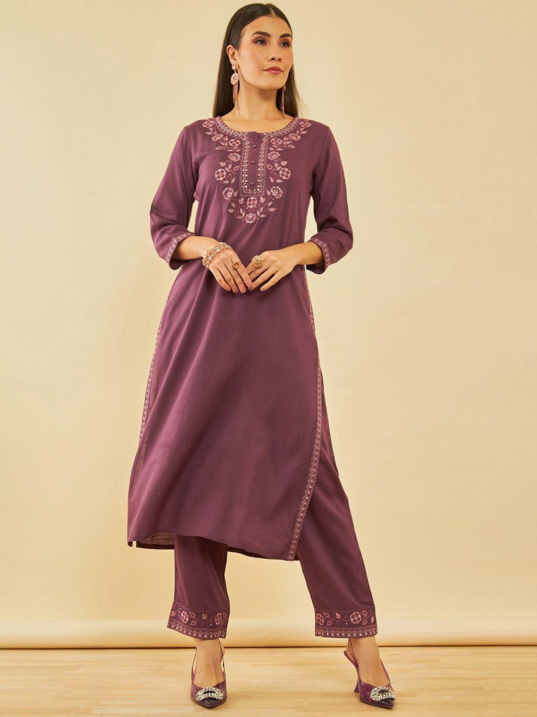 soch purple floral yoke design thread work straight kurta with trousers