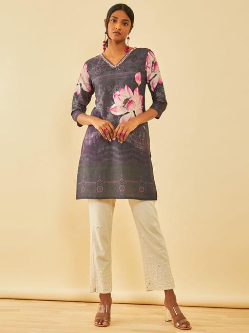 soch purple muslin blend floral printed kurta with embellishment