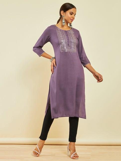 soch purple rayon sequin embroidered round-neck straight kurta