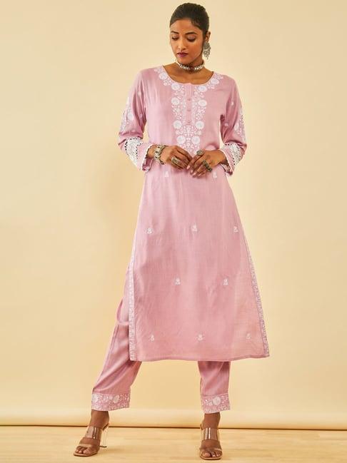 soch purple rayon slub embroidered kurta set with faux mirror work