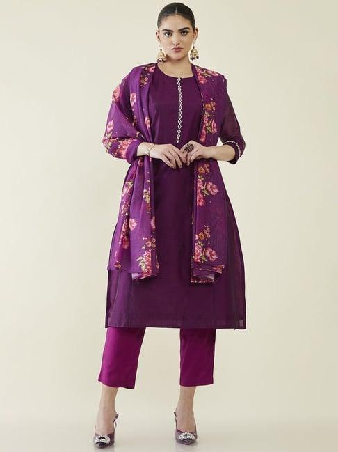 soch purple round neck kurta pant set with dupatta